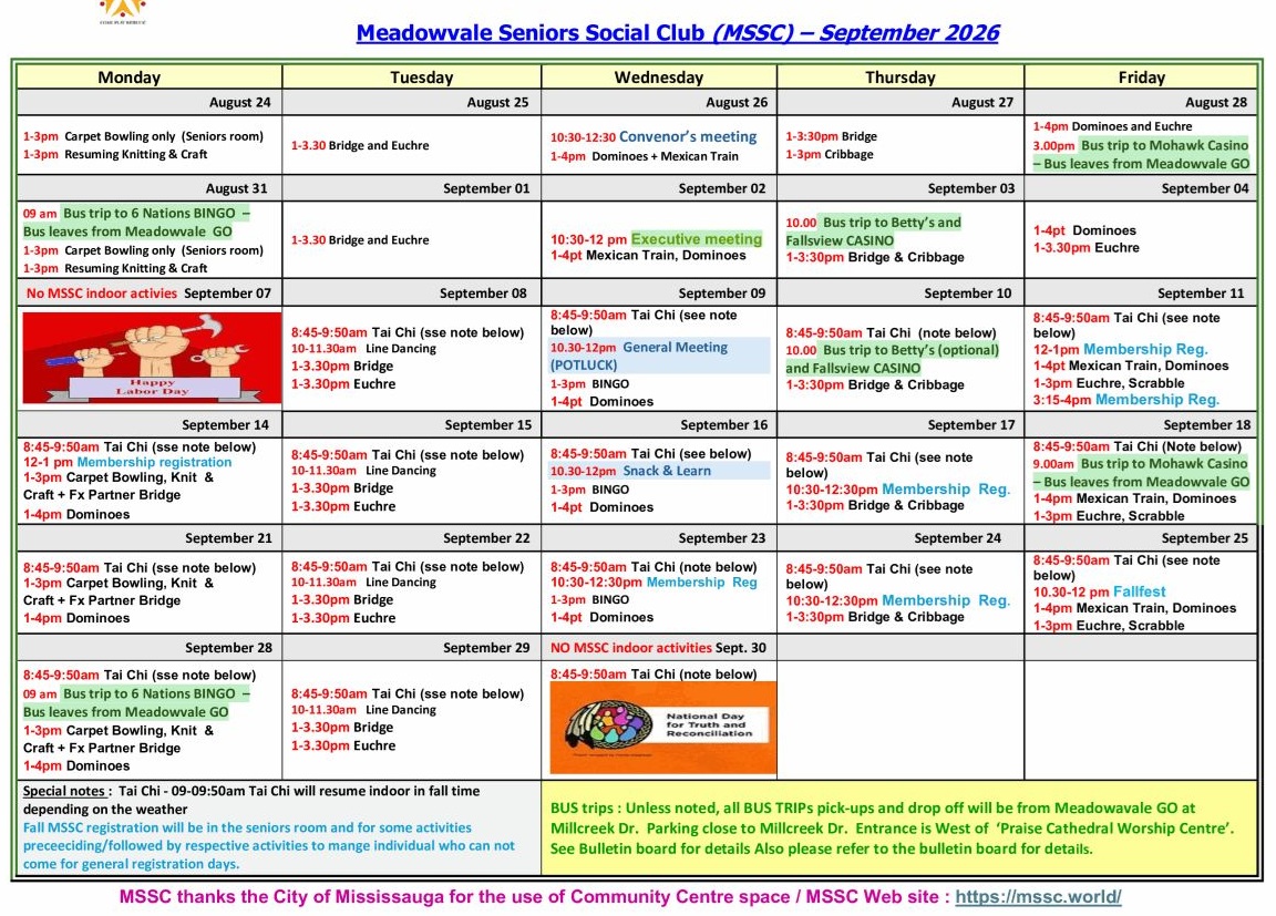 Mdvle seniors social club events Feb 8 Erin Mills United Church