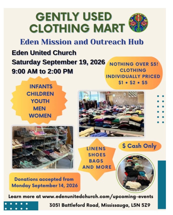 Sept 19 Eden Clothing mart Feb 8 Erin Mills United Church